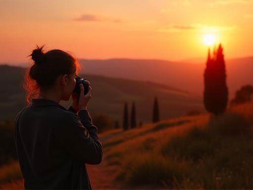 Fotografo che inquadra il paesaggio della Val d'Orcia al tramonto.
