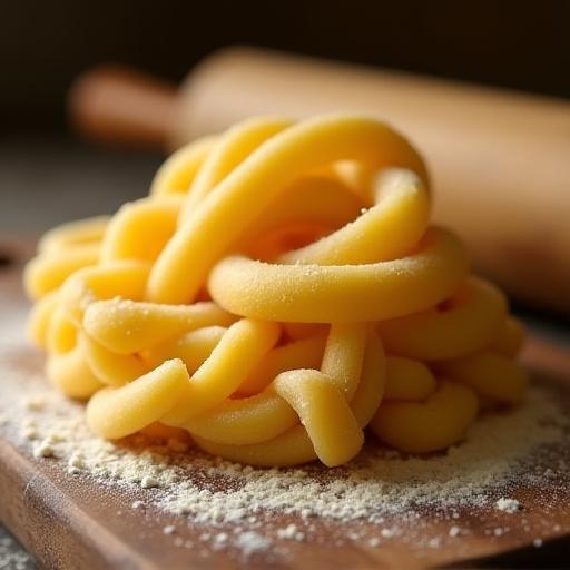 Dettaglio di pici freschi fatti a mano su una spianatoia in legno.