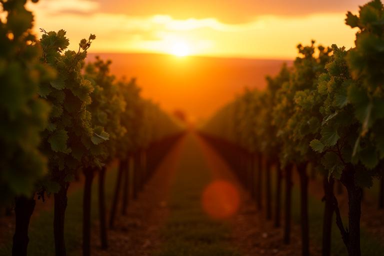 Filari di un vigneto toscano durante l'ora d'oro.
