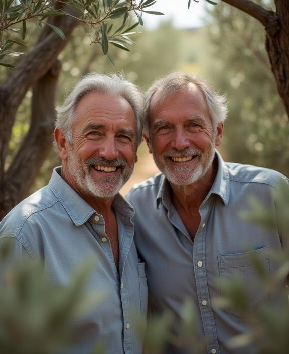 I fondatori di Riflessi Toscani sorridono in un uliveto secolare.